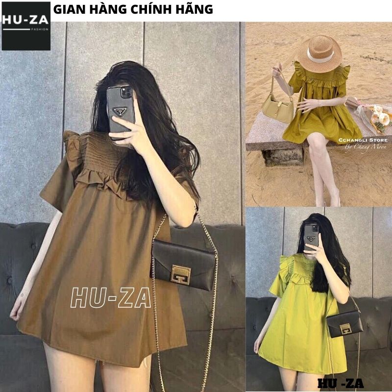 Áo babydoll 2 màu xanh cốm + nâu dáng rộng giấu quần nữ tính tiểu thư bèo ngực tay ngắn xinh đẹp - HUZA A42