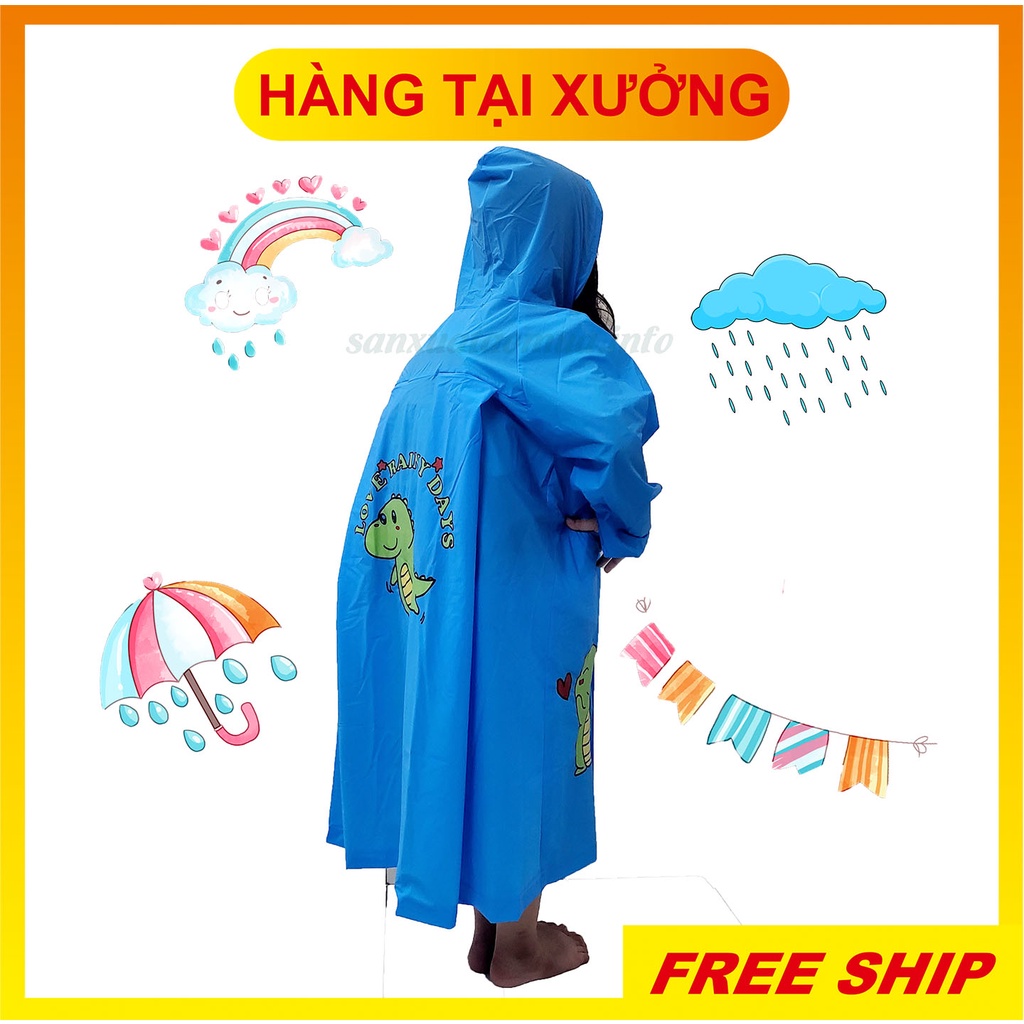 Áo mưa em bé dây kéo - mang balo thuận tiện. Áo mưa học sinh họa tiết khủng long và người nhện siêu nhân. Chất liệu PVC.