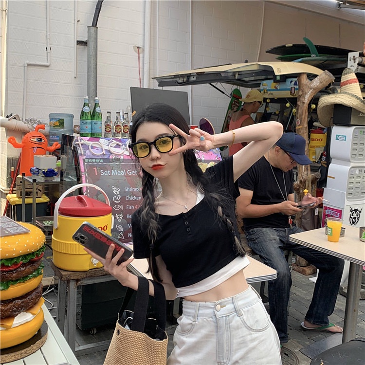 Áo thun tay ngắn hai lớp áo phong cách Hàn Quốc cho nữ