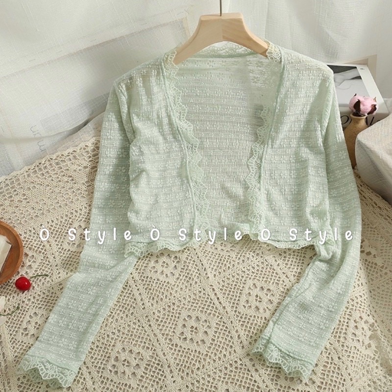 Áo khoác ren mỏng hoa nổi không nút viền bèo