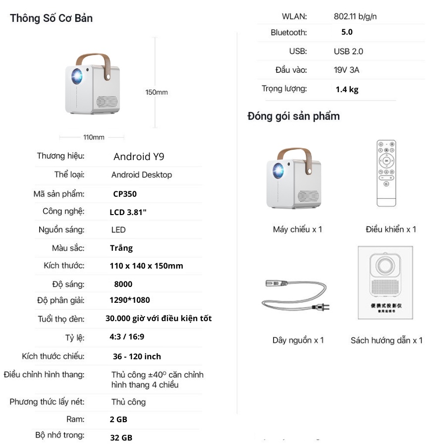 Máy chiếu mini Y9, máy chiếu Android 9.0 FullHD1080P kết nối không dây qua Wifi - Tặng màn hinh chiếu 100 inch - SET2364