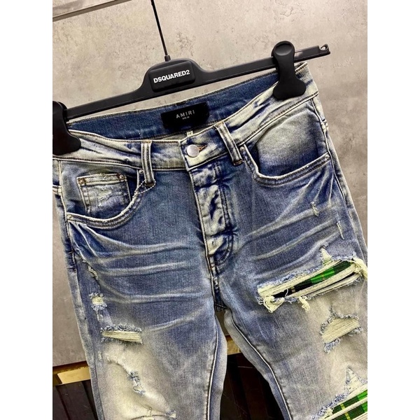 ⚡️[Hight Quality] - Quần Bò Amiri - Jeans Amiri Đen Vá Trắng ( Vá Da  ) Dáng Biker - Hàng Loại 1 Chất Liệu Jean Cao Cấp