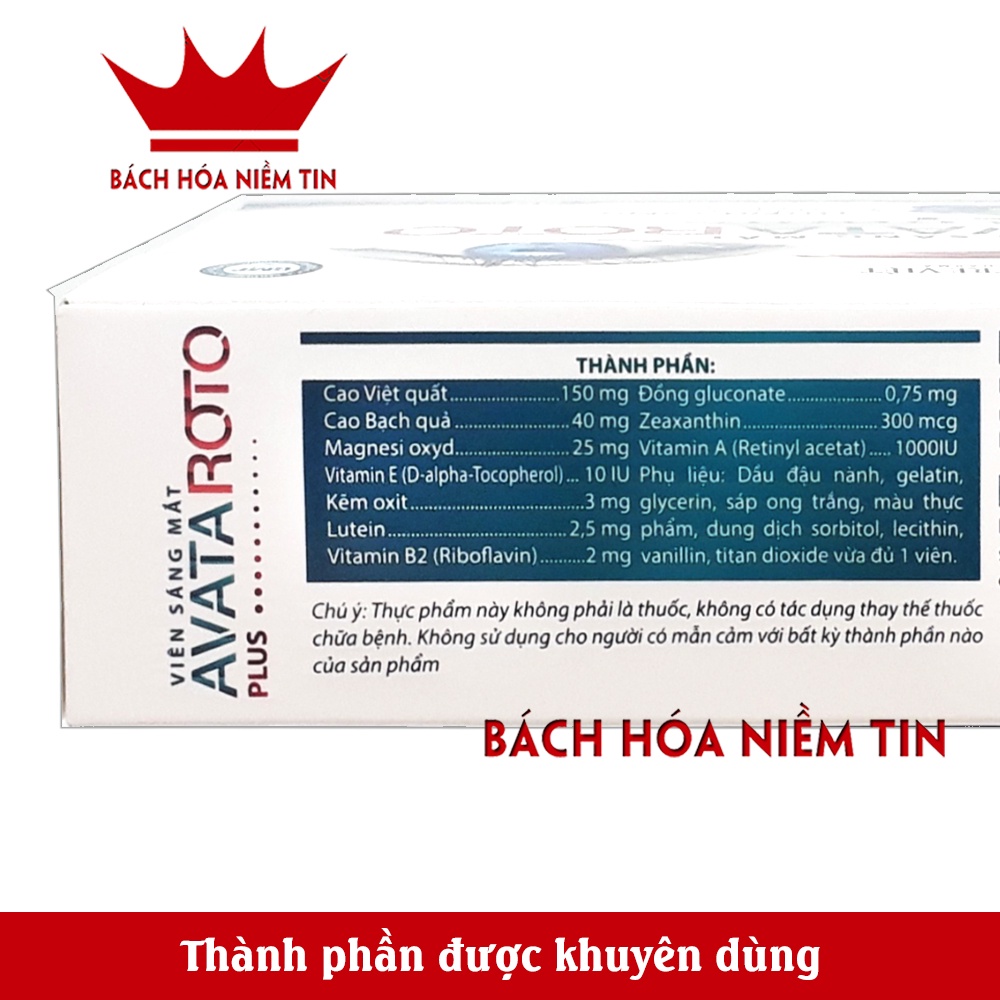 Viên uống sáng mắt AVATA ROTO Plus thành phần cao việt quất, lutein, vitamin giảm nhức mỏi mắt, khô mắt - 30 viên
