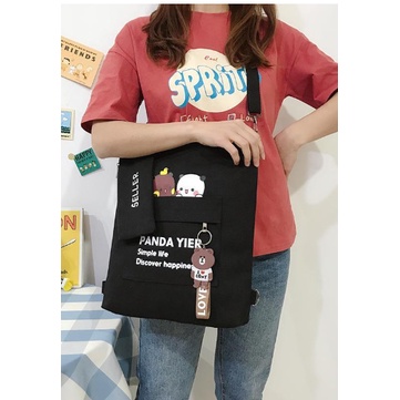 Một chiếc túi 4 kiểu đeo,túi vải bố mèo con khoá gấu balo xách canvas đa năng đeo chéo nữ,cặp sách học sinh(panda yier)