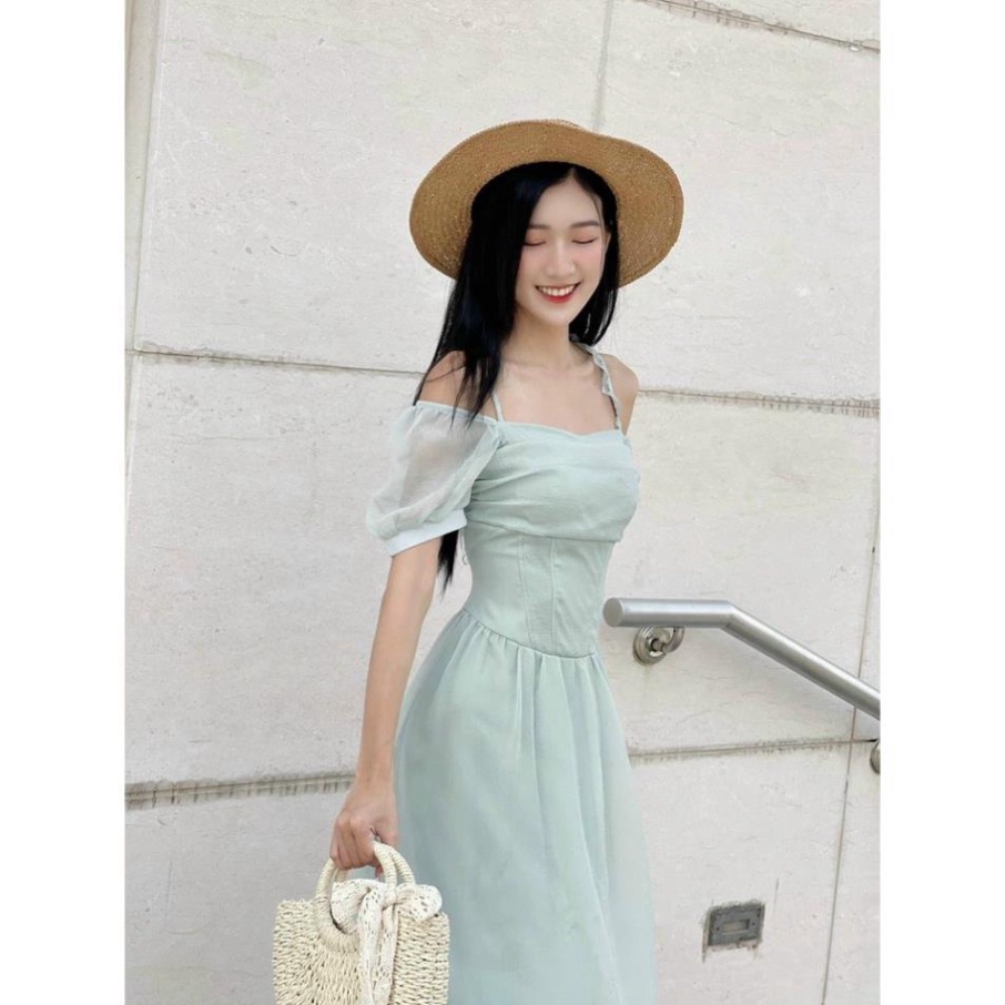 (Fom: <55kg) Đầm Midi Xanh Phối Tay Voan Dây Chéo Cổ Đầm Chữ A JL50 | BigBuy360 - bigbuy360.vn