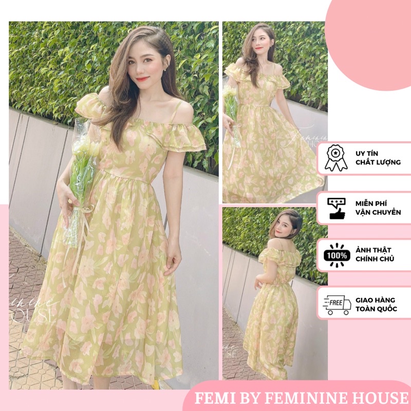 Đầm Voan Hoa Rớt Vai, Váy đầm voan nữ dáng dài tay bồng Freesize mẫu mới diện đi đâu cũng xinh