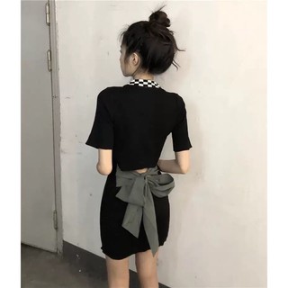 Đầm Tay Ngắn Thắt Nơ Lưng Phong Cách Mùa Hè