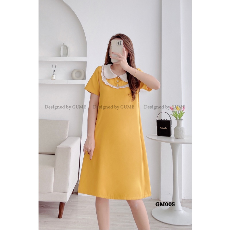 Váy bầu bigsize thiết kế GuMe dáng suông cổ yếm phối cúc ngoc chất vải chéo hàn cao cấp dày dặn size 40-100kg GM005