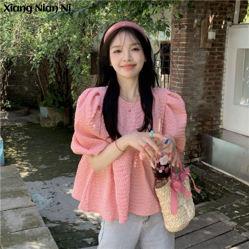 Áo sơ mi chiffon Xiang Nian Ni tay ngắn phồng phối dây cột trước và sau thời trang cho nữ