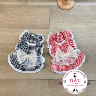 Đầm tiểu thư caro đỏ đen kèm nơ xinh