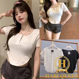 Áo Thun Croptop Nữ Cúc Cài Đuôi Tôm 2 Màu - Áo Trơn Dáng Ngắn Cộc Tay HARI