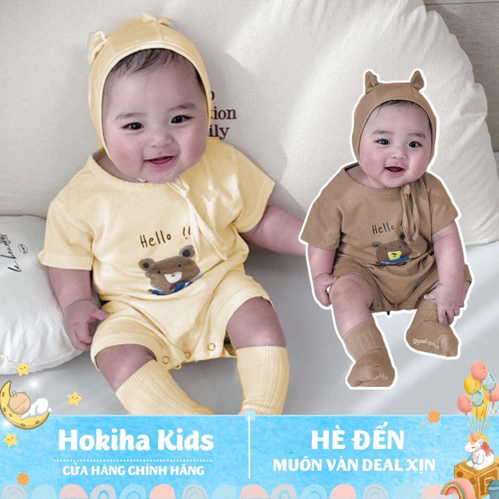 Bộ body gấu Hello kèm mũ tai gấu  siêu dễ thương cho bé trai bé gái Hokiha Kid chất cotton mềm mại size 3-10kg TE301