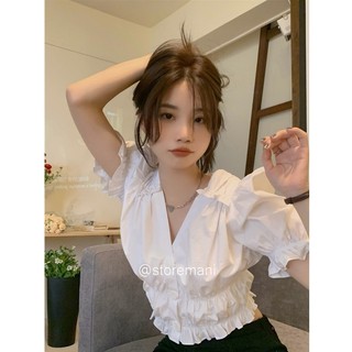 Áo sơ mi nữ tay ngắn cổ v phối 3 khuy to, áo sơ mi cộc tay cổ V màu trắng xinh xắn