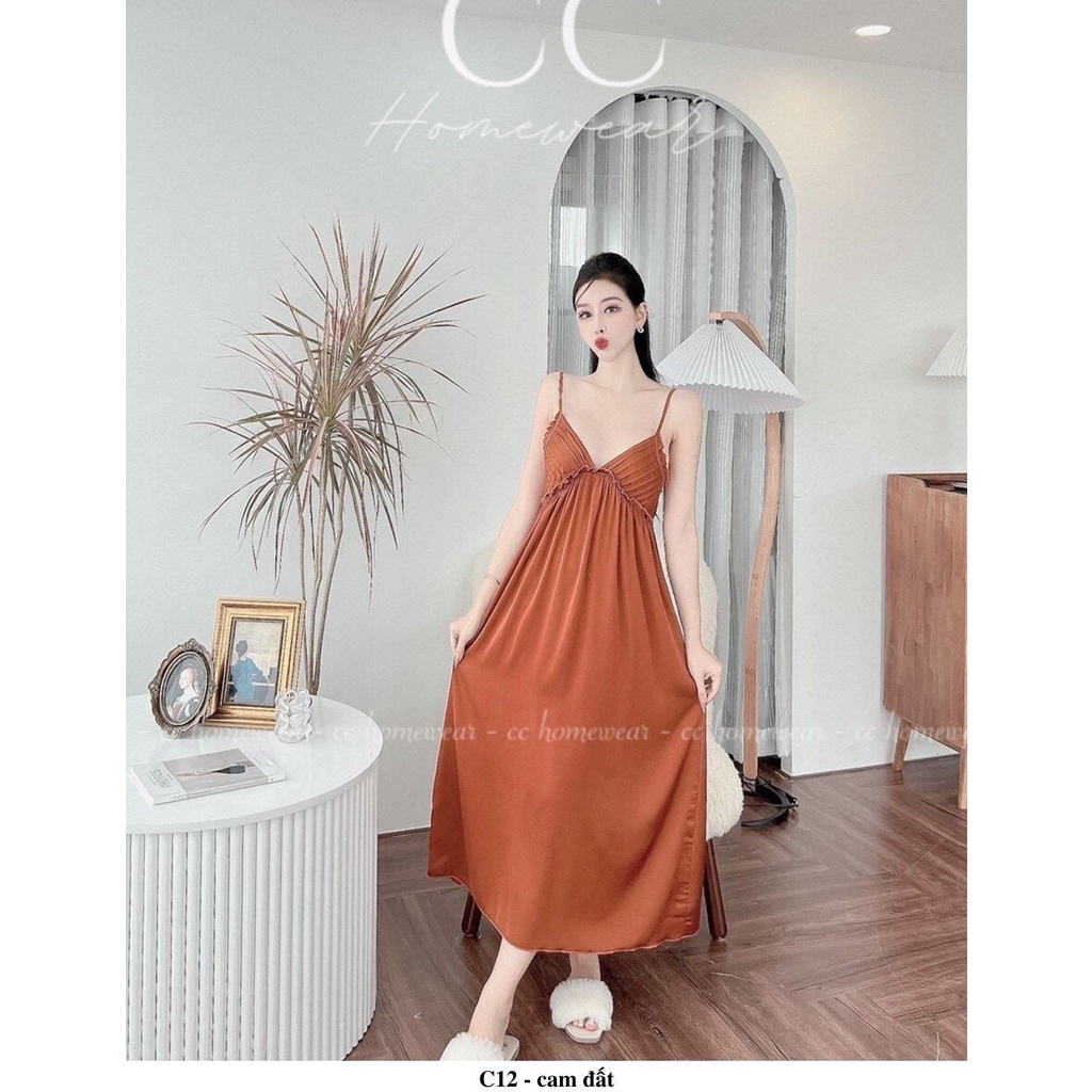 Đầm ngủ váy ngủ sexy C12 hàng hiệu CC HOMEWEAR dáng dài chất lụa maxi xếp li ngực