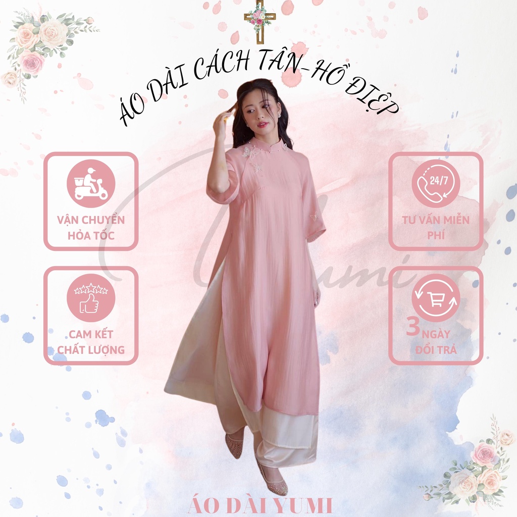 Áo Dài Cách Tân Nữ, Dáng Suông 4 Tà Hồ Điệp Lụa Tơ Xước Màu Hồng Kèm Quần, Cam Kết Hàng Cao Cấp Chất Lượng YUMI 122