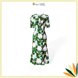 Đầm Katosa Dài Dạo Phố Tay Ngắn Đuôi Cá, Họa Tiết Hoa Tú Cầu Chất Vải Lụa Mềm Mịn Dày