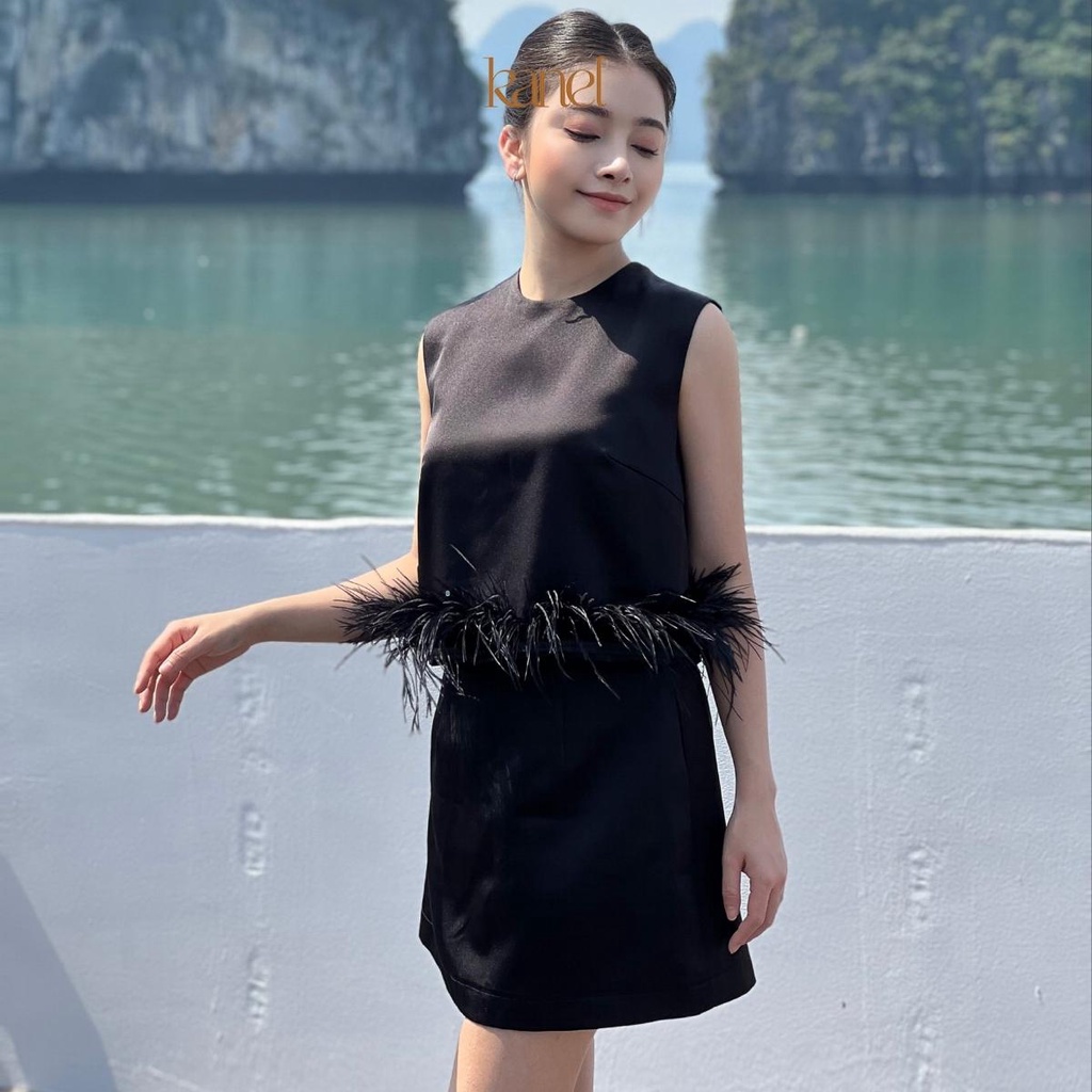 Set váy áo KANEL chân váy chữ A, áo sát nách nữ phối lông chân áo - S1592, áo sơ mi nữ sát nách 3 màu đen trắng ghi