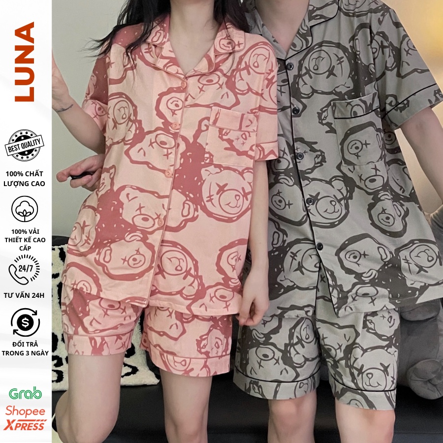 Bộ ngủ đôi nam nữ LUNA, đồ bộ nam nữ hè mặc nhà, pyjama chất thun thấm hút mồ hôi siêu mát, áo cộc quần cộc