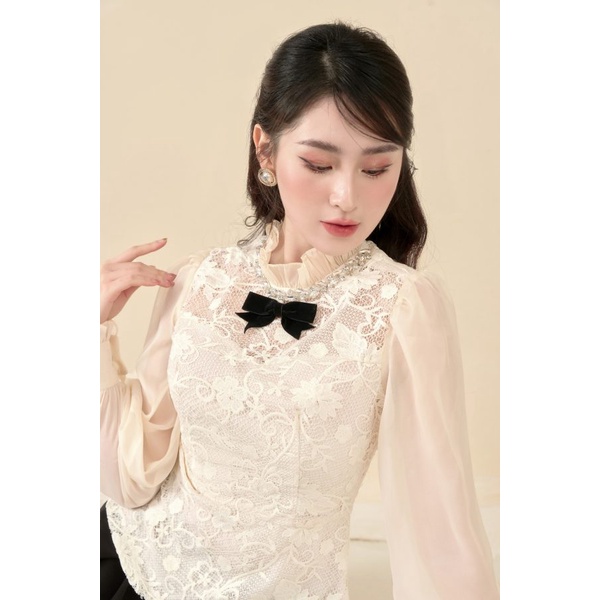 Áo Kiểu Nữ Ren Đính Viền Đá Kèm Nơ Đen, Thiết Kế MOO Design - ARMD24