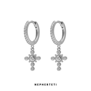 Khuyên tai bạc 925 - Khoen tròn charm thánh giá đá (giá 1 chiếc) - Nepherteti