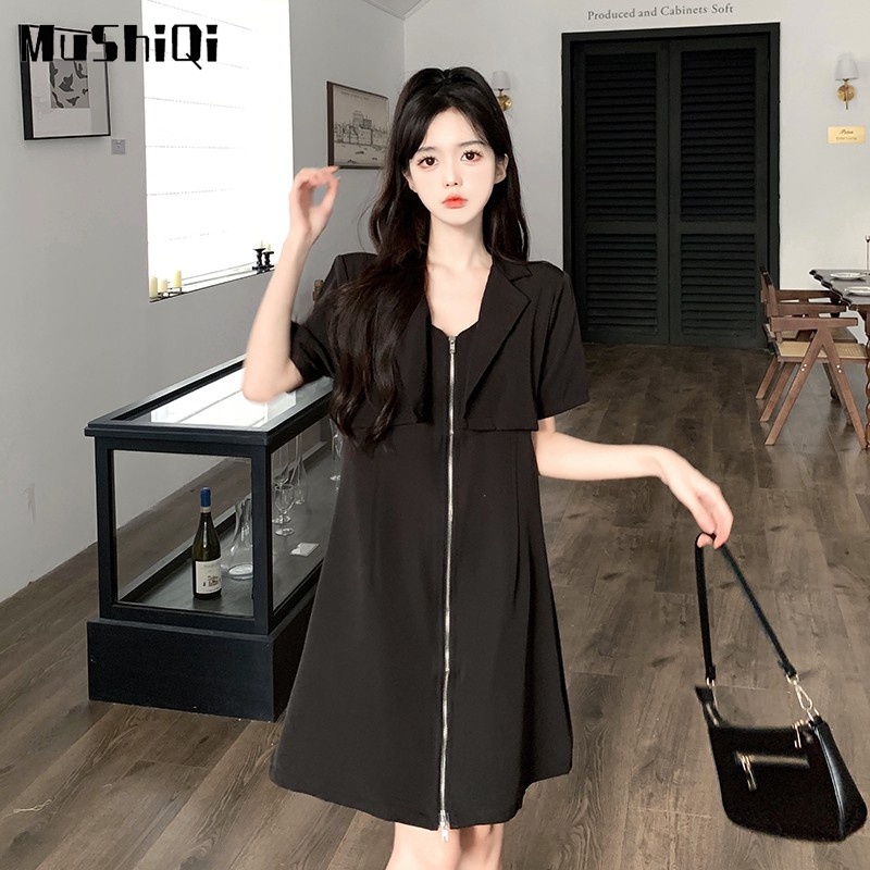 Set Đầm Đen Và Áo Khoác Vest Có Khóa Kéo Thời Trang Nữ