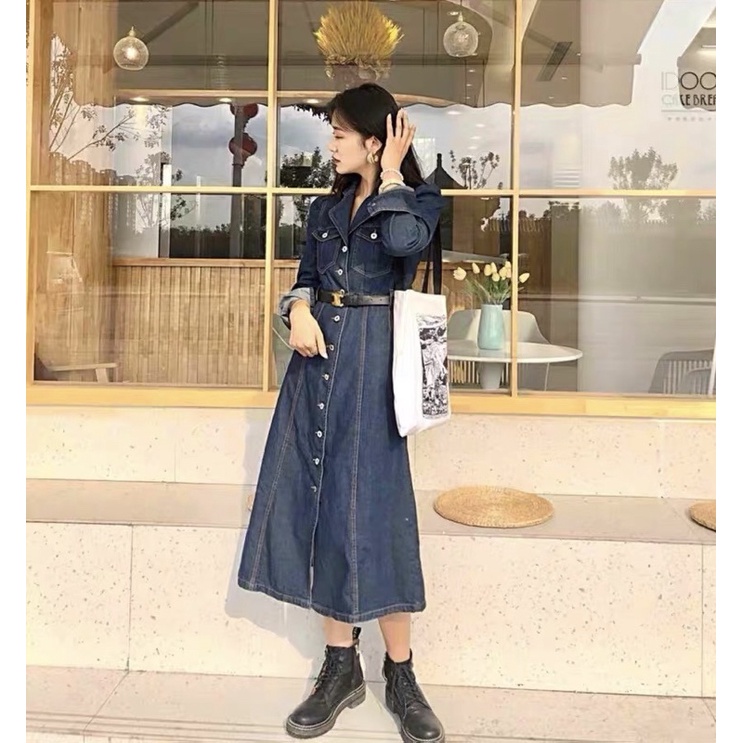 Váy Bò Nữ - Đầm Denim Tay Dài Phong Cách Vintage Siêu Xinh_ Hàng QCCC Kèm Ảnh Thật