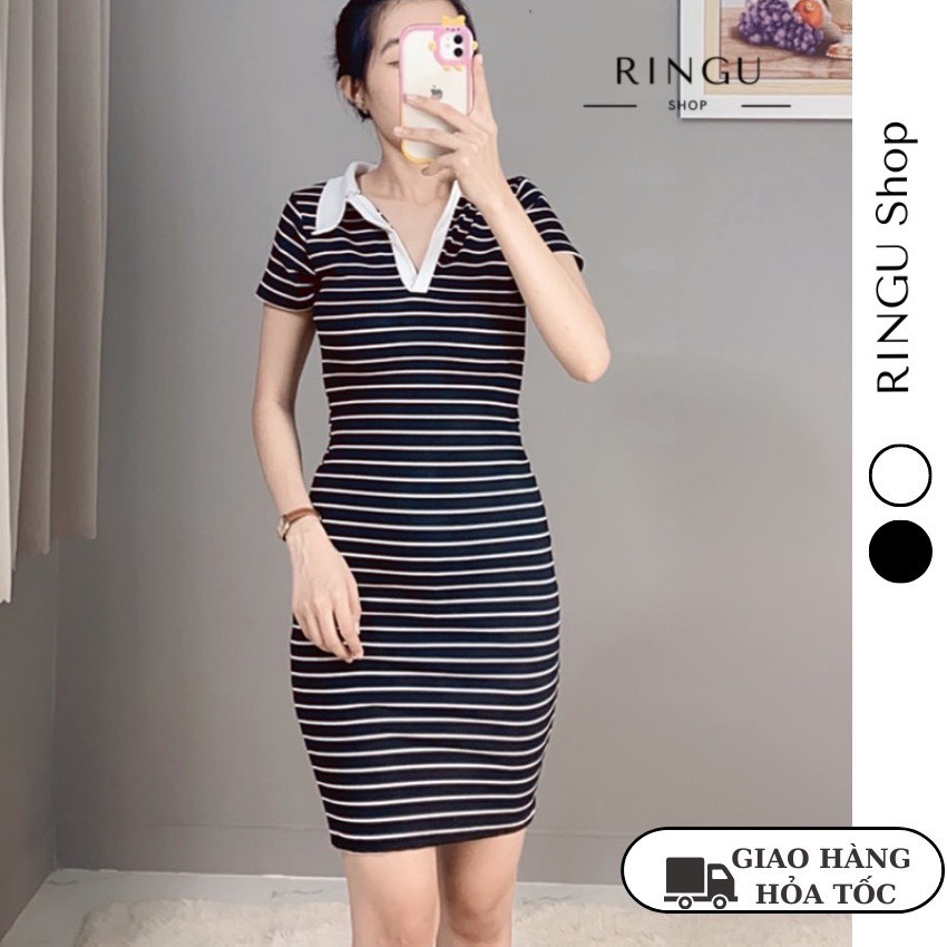 Đầm body cổ trụ from ngắn, váy ôm sọc trắng đen chất thun gân- Ringu shop