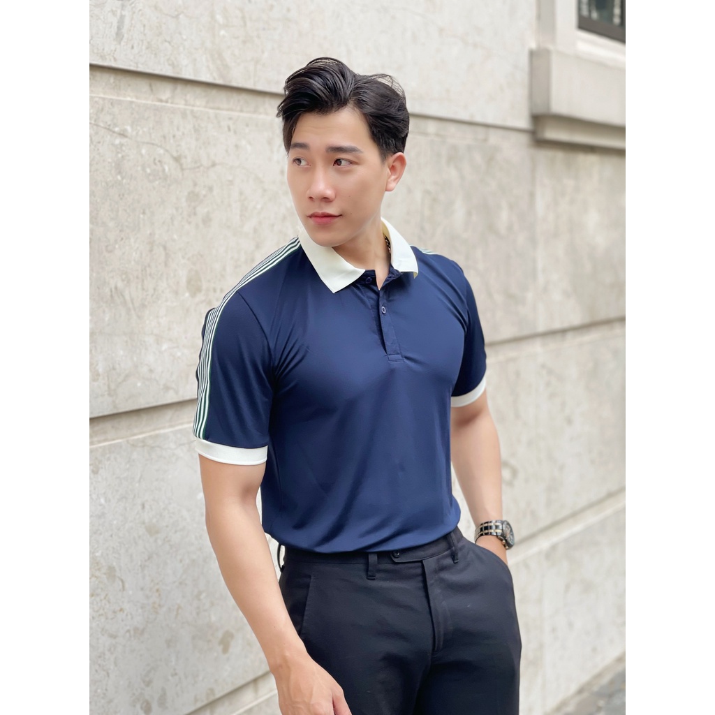 Áo thun polo nam cao cấp xanh than trơn tay ngắn phối sọc vai, viền bo tay cổ, chất poly cá sấu