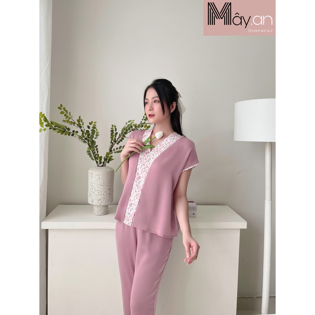 Đồ mặc nhà Mây áo viền hoa lụa nhung cao cấp