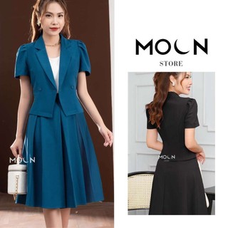 Set vest chân váy công sở nữ, áo vest ngắn tay mix chân váy xếp ly dài BSB4110 Moon