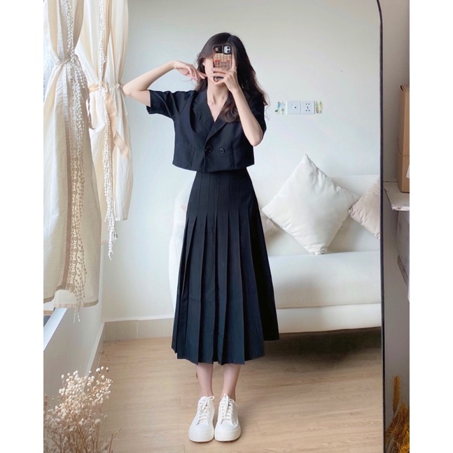 Chân váy xếp ly Hàn dáng dài chân váy midi dạo phố