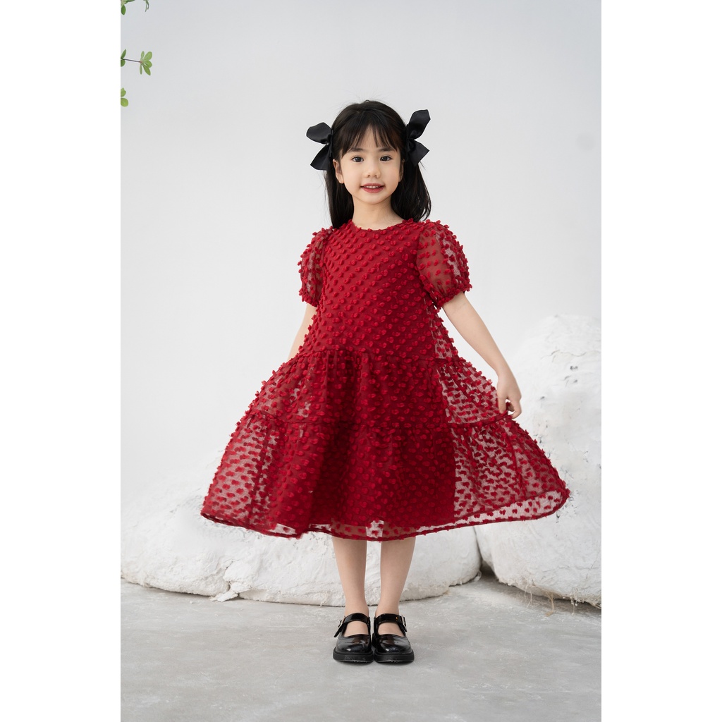 Đầm bé gái LEAH dự tiệc babydoll công chúa xoè 3 tầng dệt 3D - Rose dress - Đỏ đô