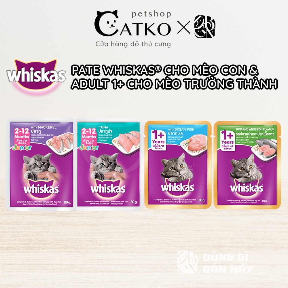 Pate WHISKAS® JUNIOR & ADULT 1+ Cho Mèo Gói 80g, Gói Thức Ăn Ướt Cho Mèo Con & Mèo Trưởng Thành Catko