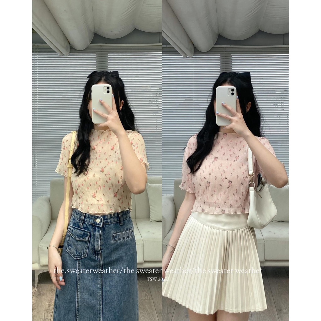 Áo Croptop Xốp Hoa Tay Ngắn Có Kèm Áo Lót Siêu Xinh