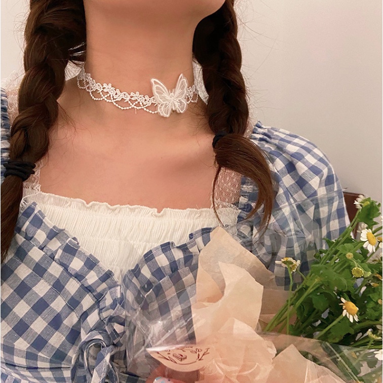 Vòng cổ dây chuyền choker nữ vải ren hoa cánh bướm phong cách hàn quốc cá tính