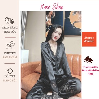 Pyjama,đồ ngủ tiểu thư, đồ bộ tay dài phối ren chất lụa hết chỗ chê Freesize.