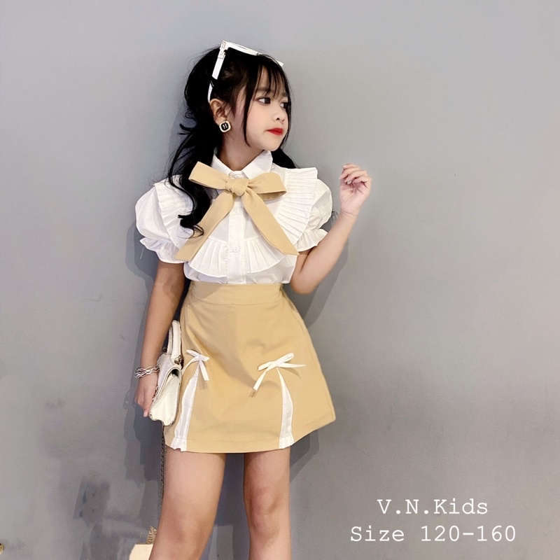 Set sơmi bèo + quần váy dáng A cho bé đi học size đại 17kg-40kg