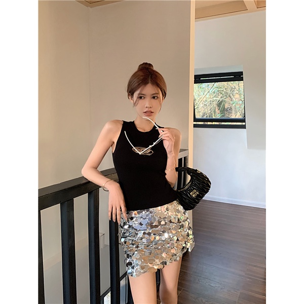 QADCOL Áo Len Cổ Thuyền Không Tay Màu Đen Thời Trang Xuân Hè Cho Nữ