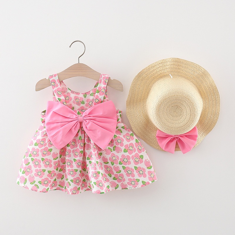 Set 2 Món Đầm Công Chúa + Mũ Chống Nắng + Dây Phồng Đính Nơ Lớn Làm Quà Tặng Sinh Nhật Cho Bé Gái