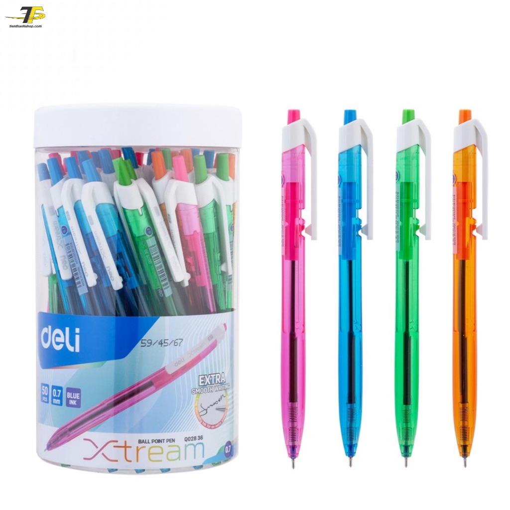 Bút bi bấm cao cấp mực xanh ngòi 0.7mm - DELI Q03336 , viết nét đều trơn tru