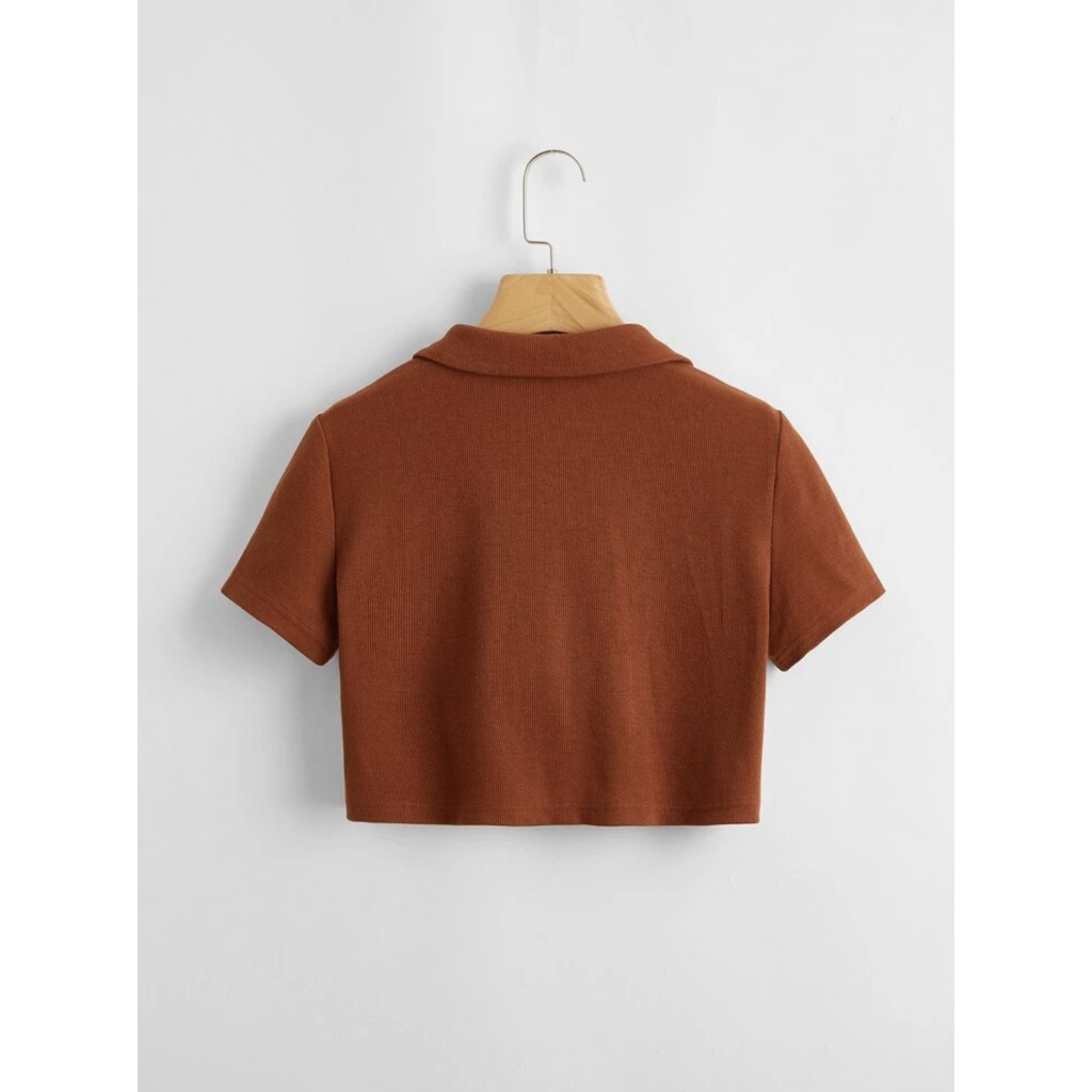 Áo Croptop Cổ Vest Nữ Polo Ngắn Tay Màu Nâu Hottrend Vải Thun Tăm Co Giãn Năng Động Ulzzang