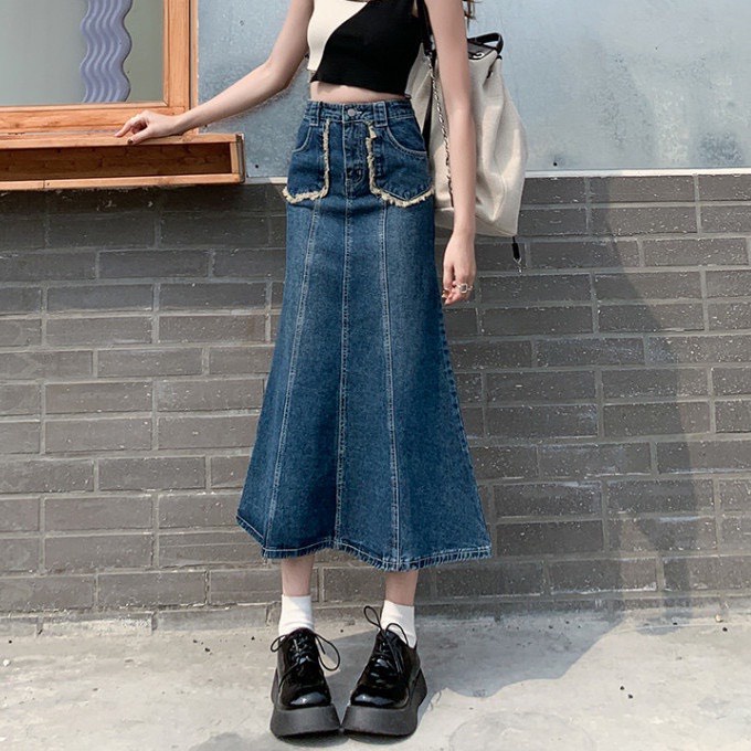 Chân váy jean dáng dài JUNSTORE, váy midi phối túi viền dáng đuôi cá phong cách retro, cạp cao có túi 021