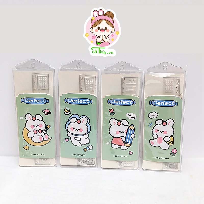 Bộ Thước Kẻ Eke Đo Độ 4 Món Cothủy Dài 20cm Hoạ Tiết Dễ Thương Set Dụng Cụ Vẽ Hình Học Túi Cúc Bấm Cute