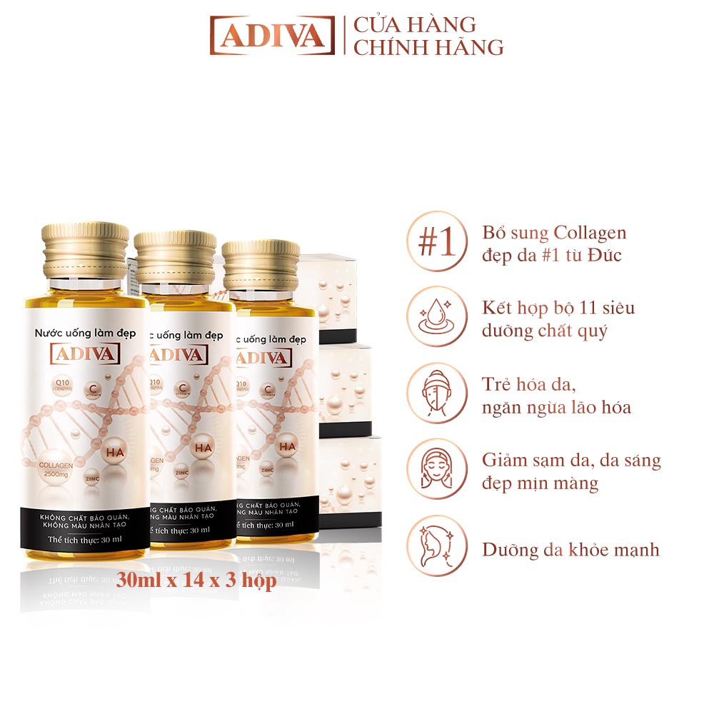 Combo 3 Hộp Nước Uống Làm Đẹp Collagen ADIVA (14 Chai/Hộp) - Giúp Làn Da Săn Chắc, Ảm Mịn Và Căng Bóng