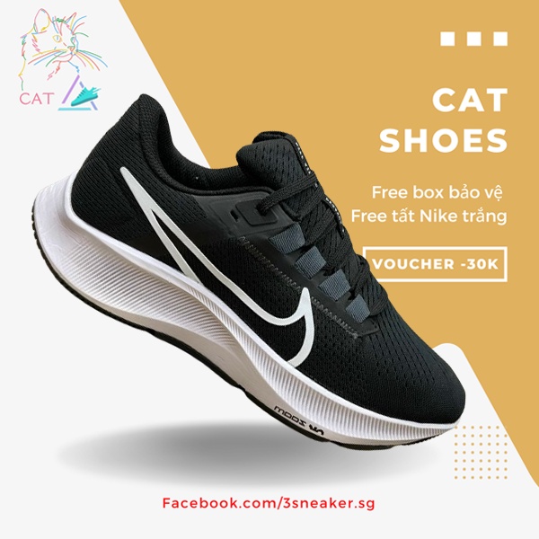 Giày Zoom Pegasus 38 Black White, Zoom Đen; Full Box, Phụ Kiện, Tặng Vớ Trắng