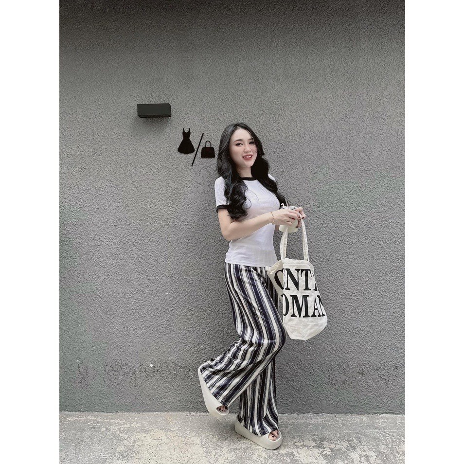 Set áo thun ngắn tay ôm body kèm quần ống rộng kẻ sọc chất thun co dãn mát mịn- set bộ đi chơi nữ dễ thương hàn quốc