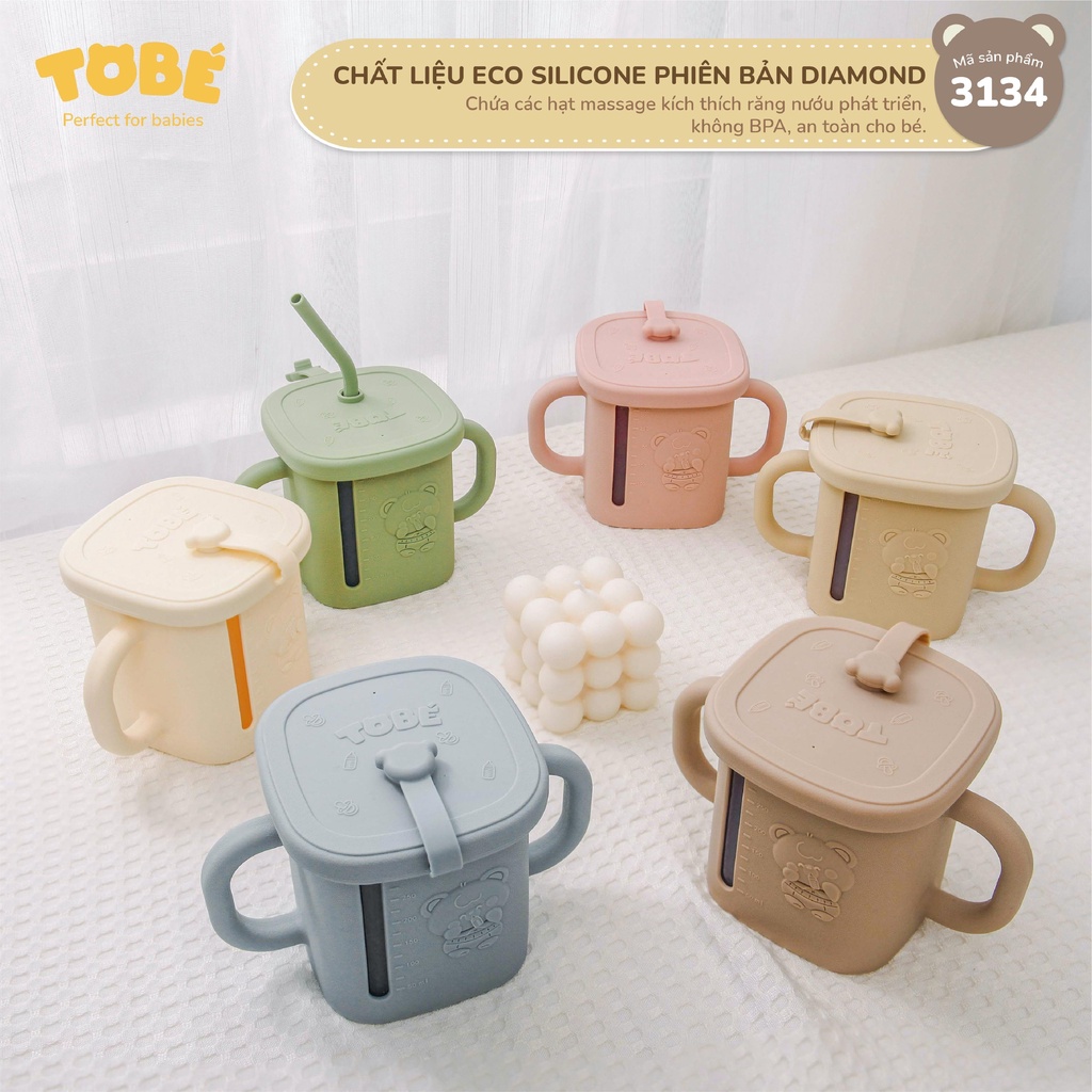Cốc uống nước Eco Silicone TOBE Đa Năng An Toàn cho bé Tập Uống có Tay Cầm Vạch Chia ml Ống Hút 3134