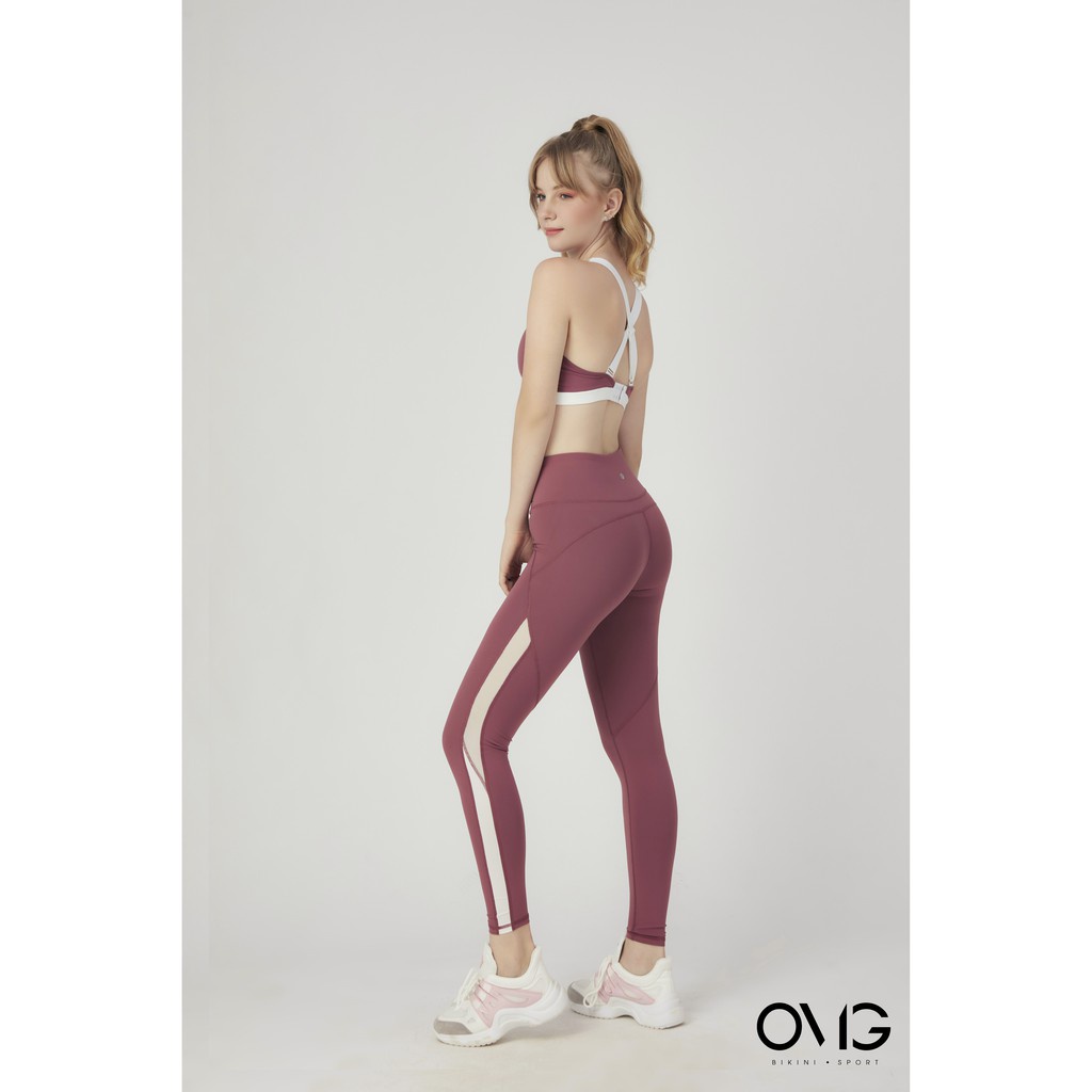 Set đồ tập Gym, Yoga OMG Sport BIKINI PASSPORT quần dài áo bra cổ V phối lưới - màu Đỏ - BG086_RD