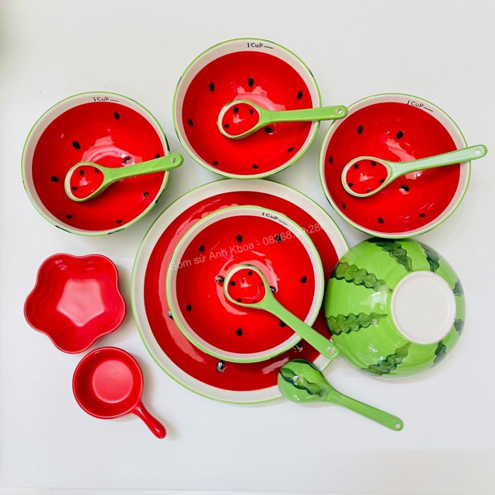 Siêu Sale - Bát Đĩa Gốm Sứ Decor, Bát Ăn Cơm, Bát Ăn Chè, Chén Dĩa Dễ Thương Bộ Bát Đĩa Sét Bát Đĩa Dưa Hấu 13 Món