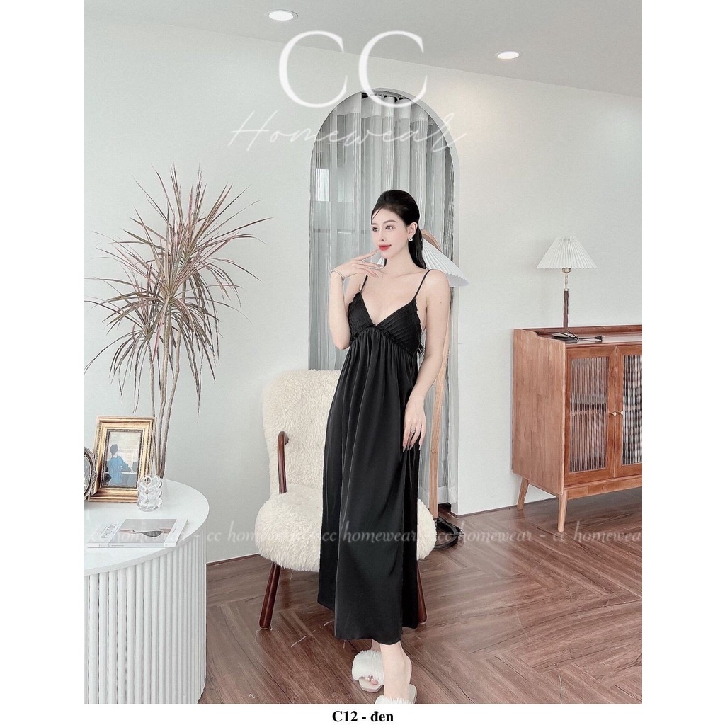 Đầm ngủ váy ngủ sexy C12 hàng hiệu CC HOMEWEAR dáng dài chất lụa maxi xếp li ngực